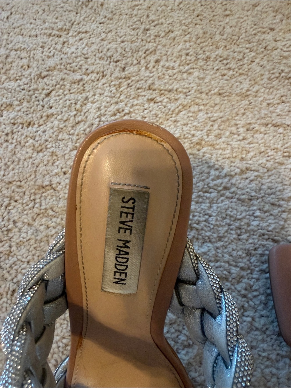 Steve Madden Crystal Braided Double-Strap High Heel Sandals - Silver/Tan - Picture 2 of 7